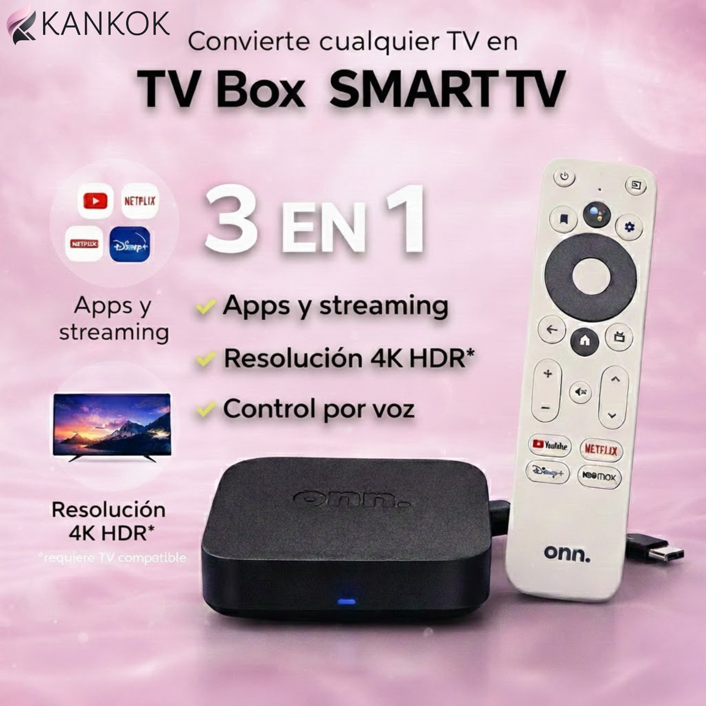 TV Box Onn 4K Android TV con Control por Voz y Asistente de Google